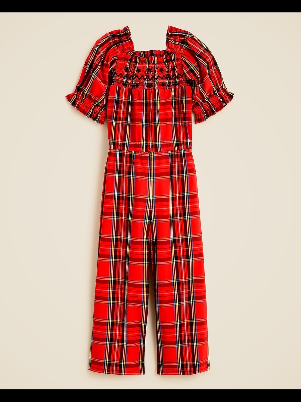 Crewcuts Girls Plaid Smocked Square Neck Short Puff Sleeves Jumpsuit, 7, Red